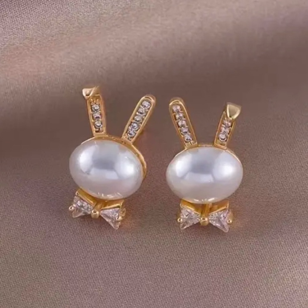 Bunny Rhinestone | Pearl Bougie Ears & Bow Tie Stud Gold Tone Earrings LAST PAIR - Picture 6 of 10